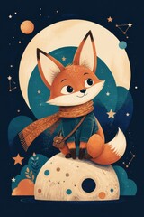 Fototapeta premium Cute fox astronaut illustration sitting on a moon beneath stars