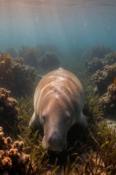 A gentle dugong grazes on lush seagrass in the vibrant coral reef ecosystem beneath the turquoise waters of the tropical ocean.