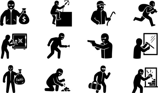 Thief robber criminal icon set showing person wearing balaclava mask and jacket in outline and solid black vector graphic styles
