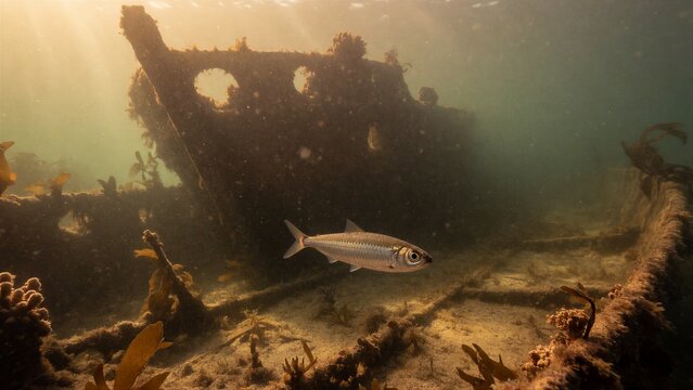 A silverside sardine swims close to a vibrant coral reef in this underwater conservation photography moment.