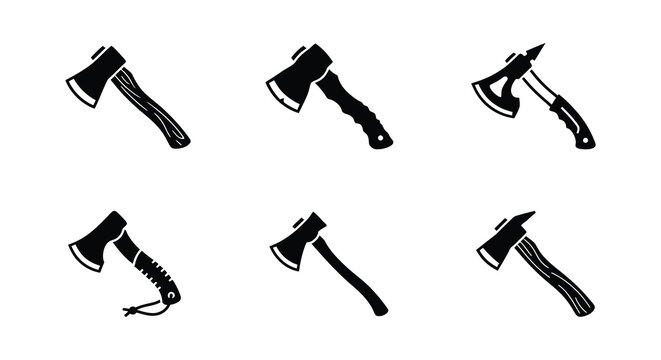 Six black silhouettes of hand axes on a white background
