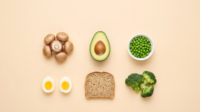 Top view of whole foods rich in vitamin B3 including mushrooms, avocado, peas, eggs and bread on beige background