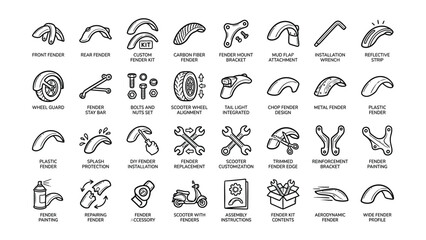 Fototapeta premium A set of hand drawn black and white scooter fender replacement and customization icon set for maintenance and repair services
