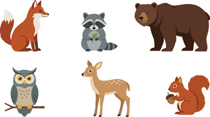 Fototapeta premium Cute Woodland Forest Animal Collection Vector Set Featuring Fox, Bear, Raccoon, Owl, Deer, and Squirrel for Kids, Education, and Nature Designs