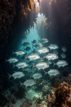 A shimmering school of bluefin trevally darts through the vibrant coral reef at dusk, their silvery-blue bodies glowing in the soft moonlight as they weave past sea fans and