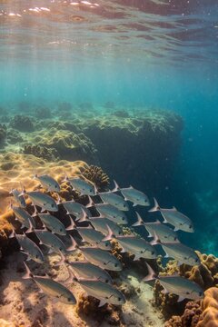 A school of bluefin trevally swim in synchrony near a coral reef ecosystem, illuminated by midday sunlight and vibrant colors.