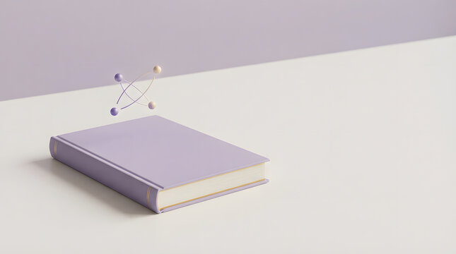 Purple book with modern abstract geometric shapes floating above it on a clean background