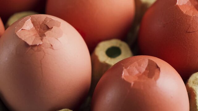 Close-up of brown eggs with cracked shells from careless transportation. Damaged eggs, broken food packaging and quality control concept. High quality 4k footage