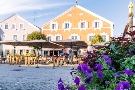 Purple petunia flowers in the foreground with a blurred outdoor cafe terrace, umbrellas and colorful historic facade on a cobblestone town square in Kelheim, Bavaria, Germany