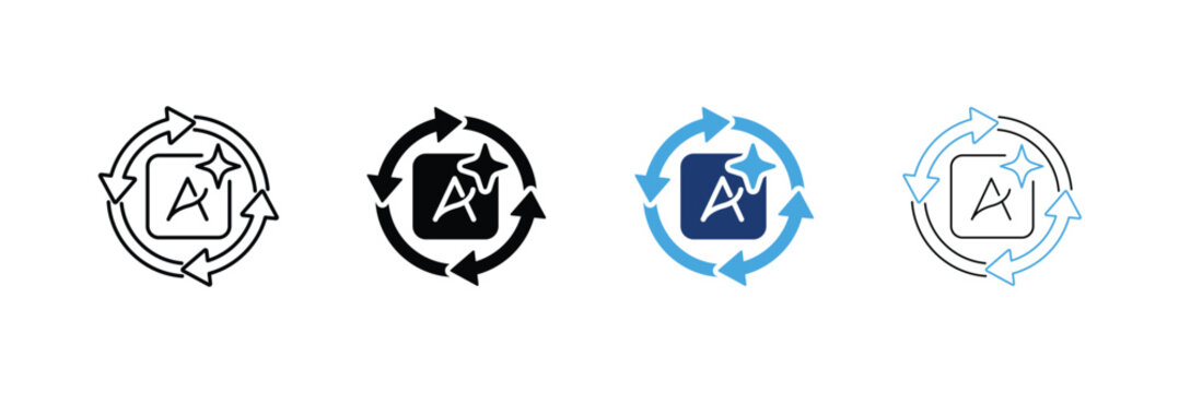 Dynamic creative icon set. Letter A card with sparkle and cycle sync arrows Icons. Outline, Glyph, two-tone and editable stroke vector illustration.