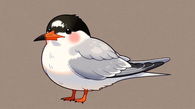 A digitally created cartoon bird with stylized features resembling a common tern stands upright on a solid beige background.