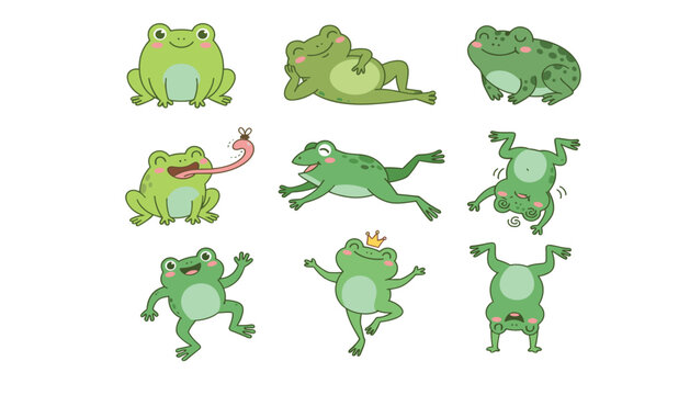 Cute cartoon green frog vector character set featuring funny toads in various active poses swimming dancing jumping and catching flies
