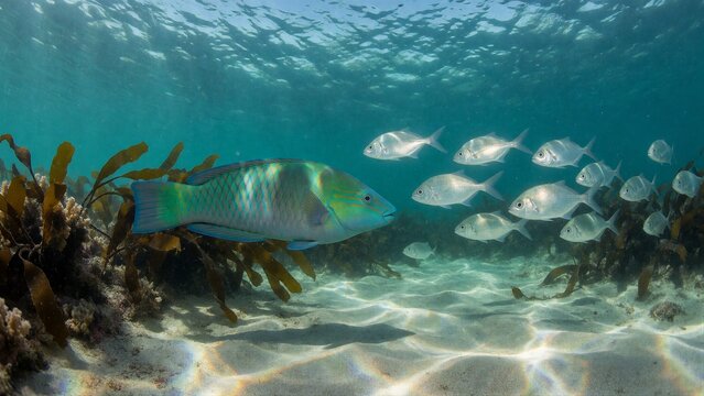 A vibrant green parrotfish swims amidst brown seaweed in a serene underwater scene, illuminated by sunlight filtering through the calm waters of the Caribbean.