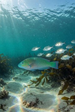 A Green Parrotfish swims horizontally through a school of silver trevally in a vibrant coral reef environment, illuminated by midday sunlight filtering through clear turquoise