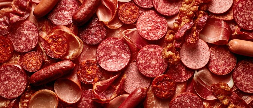 A top-down macro flat lay photograph showcasing a rich selection of cured meats, including sliced Spanish jam n serrano, chorizo, salami, crispy bacon, and smoked sausages seamlessly filling the frame