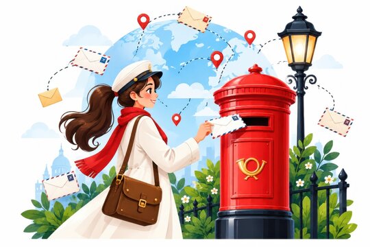 A woman mailing a letter at a red postbox during World Post Day with global connections in the background