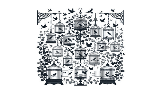 Intricate vintage silhouette pattern featuring gothic birdcages wild birds and climbing ivy vines for ornamental background texture design
