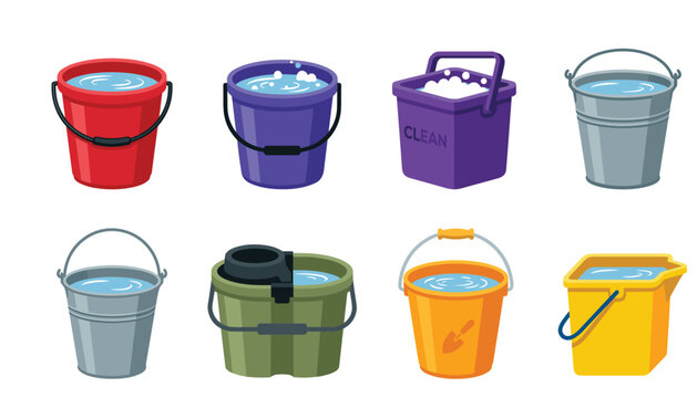 Janitorial cleaning bucket collection with plastic pails soapy water foam and mop wringer for housekeeping commercial sanitation vectors