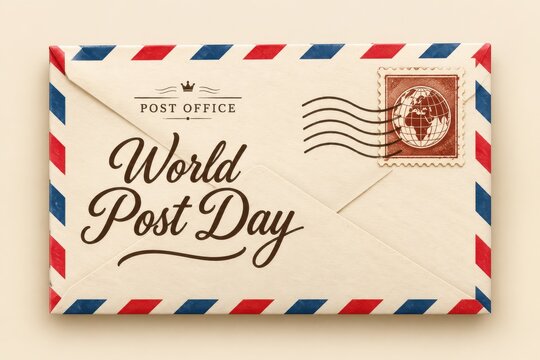 An envelope celebrating World Post Day with a vintage stamp and decorative border on a soft background