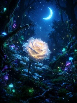 AI fantasy glowing orb illuminates a magical blue forest at night