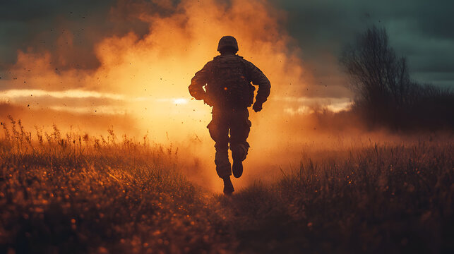 Silhouette of a soldier sprinting through a dusty field at sunset, smoke and fire in background, conveying urgency and determination in a combat environment, highlighting running elements.