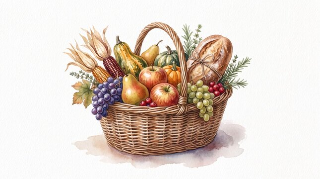 Abundant harvest basket illustration, watercolor autumn bounty, fresh fruits and vegetables, rustic Thanksgiving and fall season produce collection