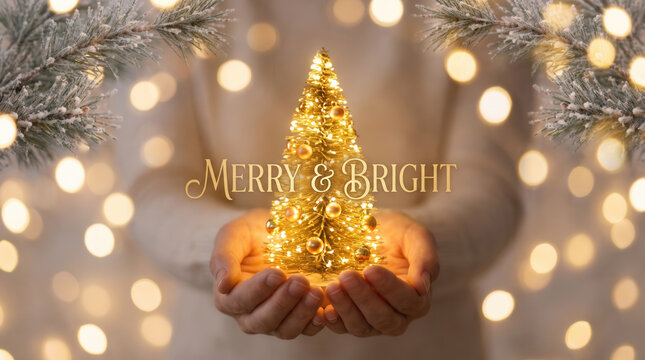 Hands holding glowing mini Christmas tree with Merry Bright text on bokeh background