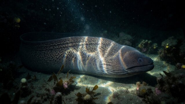 A Java Moray Eel rests serenely on the ocean floor amidst vibrant coral reefs, its mottled skin blending seamlessly into the rocky surroundings in this tranquil underwater scene.