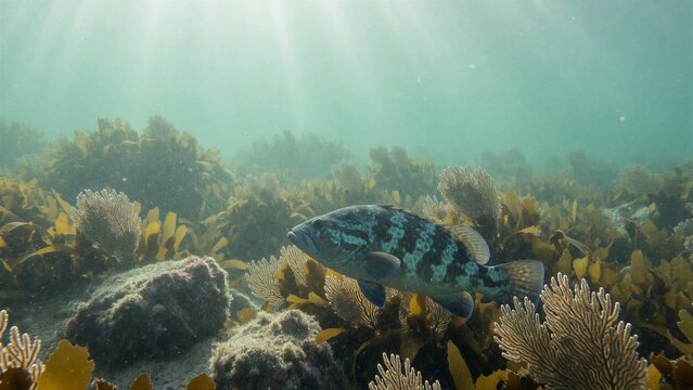 A fish with mottled blue-gray and dark spotting, resembling a rockfish (Sebastes spp.), swims serenely in an underwater scene surrounded by kelp and coral, illuminated by soft