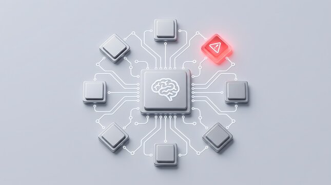 Artificial Intelligence System Error Concept with Central Brain Microchip and Glowing Red Warning Indicator