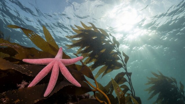 A vibrant pink ochre sea star rests serenely on swaying kelp fronds in a sun-dappled coastal ecosystem.