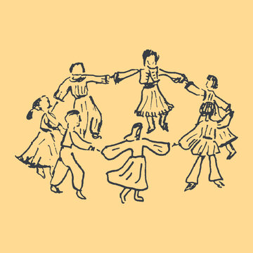 Vintage sketch illustration of people dancing in a circle with illustration traditional movement celebration monochrome activity community rhythmic together engraving silhouette artistic