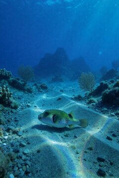A green spotted pufferfish (Diodon holocanthus) surveys its surroundings on a shallow tropical reef environment.