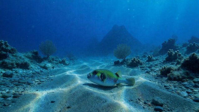 A green spotted pufferfish swims horizontally on a sandy seabed surrounded by coral formations and a dark underwater mountain structure in the distance.