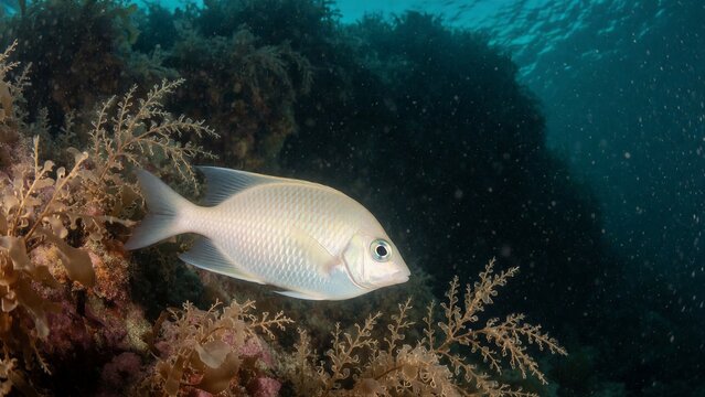 A White Bream (Diplodus vulgaris) swims horizontally through a coral reef in the Mediterranean Sea, its silvery scales glistening in the natural light.
