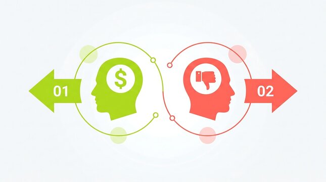 Two human head silhouettes with dollar sign and thumbs down icons, green and red arrows with 01 and 02, infographic for money mindset, pros and cons, profit and loss comparison