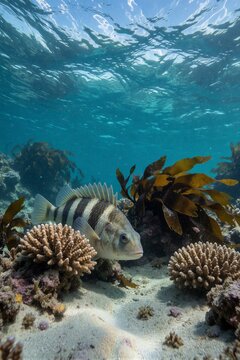 A Blackbarred Sandfish (Odax pullus) rests near coral and seaweed in a serene underwater environment, its dark stripes glistening in sunlight filtering through the water's surface.