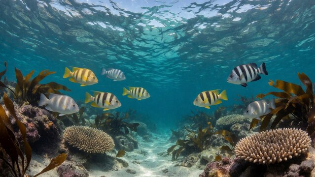 A digitally created underwater scene showcases a group of fish swimming in an artificial marine ecosystem.