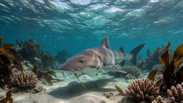 A serene bullnose catfish glides effortlessly through the vibrant coral reef, its whiskers swaying gently amidst the undulating seaweed in this sun-drenched marine environment.