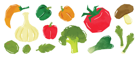 Fototapeta na wymiar Modern Vegetable Collection Vector with Pumpkin, Garlic, Pepper, Tomato, Mushroom, Broccoli, Cabbage, Beetroot and Leafy Greens for Healthy Food Illustration, Kitchen Decor, Grocery Market Design