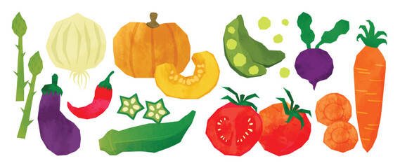 Fototapeta na wymiar Playful Vegetable Collection Vector with Onion, Pumpkin, Peas, Eggplant, Chili, Okra, Tomato, Carrot and Fresh Produce for Healthy Food Illustration, Kitchen Decor, Grocery Market Print, Recipe Design