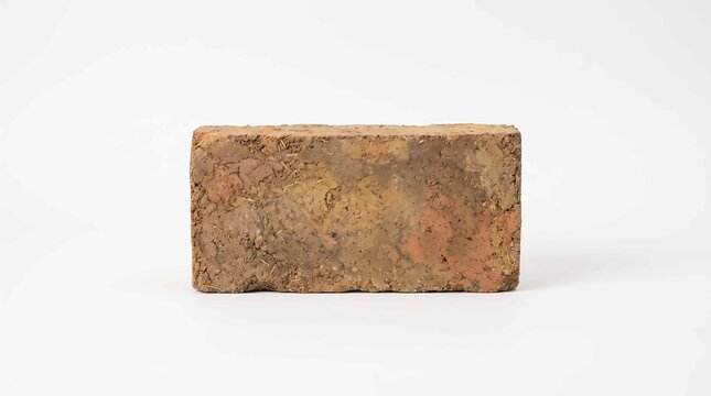 Adobe mud brick made from natural clay and straw construction material on white background