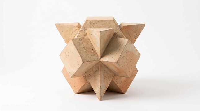 Complex geometric terracotta sculpture with intricate interlocking shapes on white background