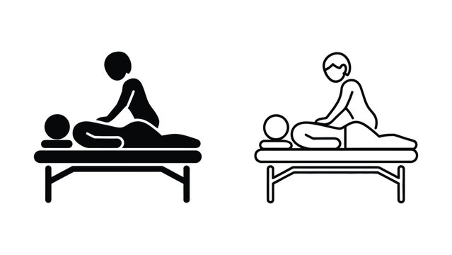 Body massage therapy spa wellness vector icon set bundle representing physiotherapist treatment, back pain relief rehabilitation, relaxation salon masseur, and medical healthcare chiropractic in outli