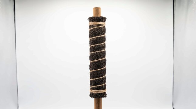 Coir moss pole for climbing houseplants made from natural coconut fiber and wooden stick on white background