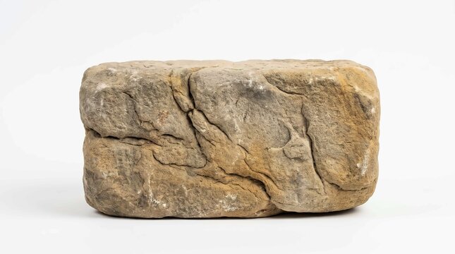 Rough sandstone block podium with natural cracks and earthy colors on white background