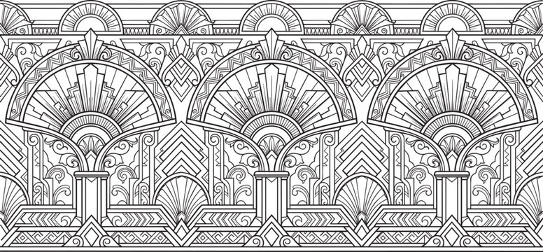 Seamless deco border pattern with repeating geometric sunburst motifs and ornate linear structures on a white background