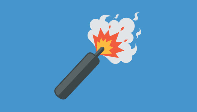 Exploding stick of dynamite with cartoon style blast fire and white smoke clouds on a solid blue background.