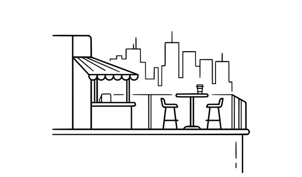 Rooftop terrace cafe line icon with counter stools and coffee outline vector