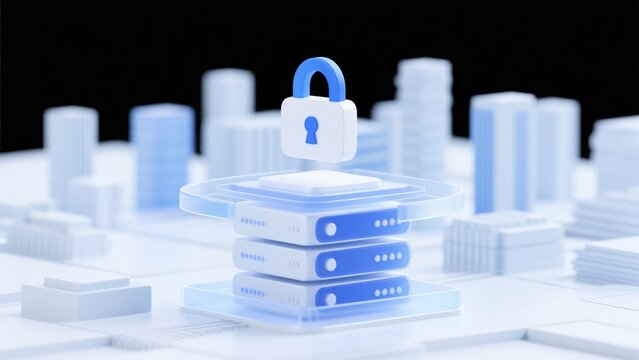 Secure data servers with padlock above futuristic city infrastructure, idea for cybersecurity, network protection, smart city systems and information privacy